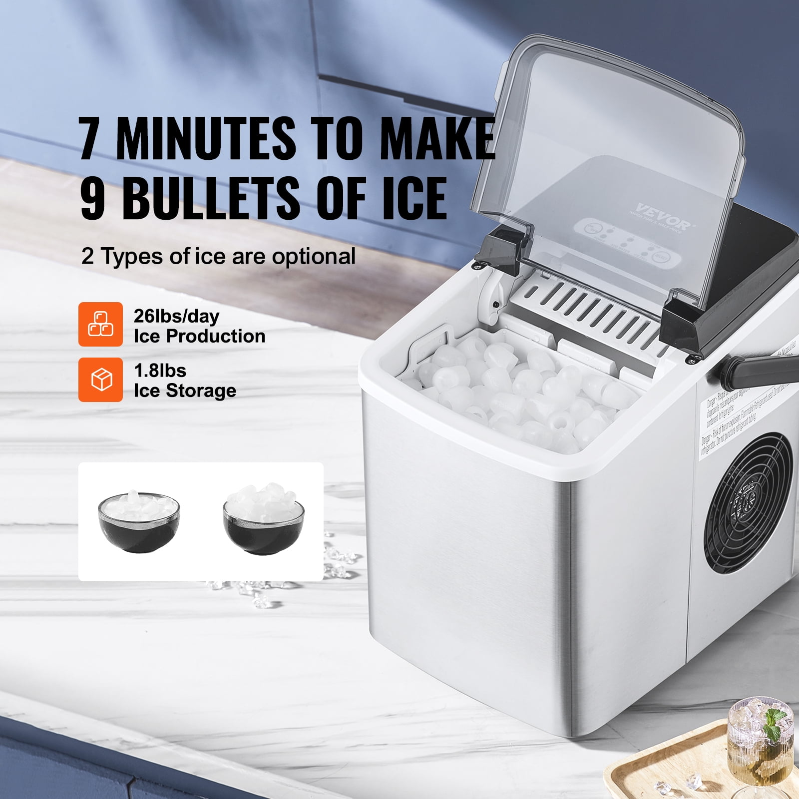 VEVOR Portable Countertop Clear Ice Maker Machine, Stainless Steel 26lbs/24hrs Portable Countertop Bullet Cubed Ice Maker