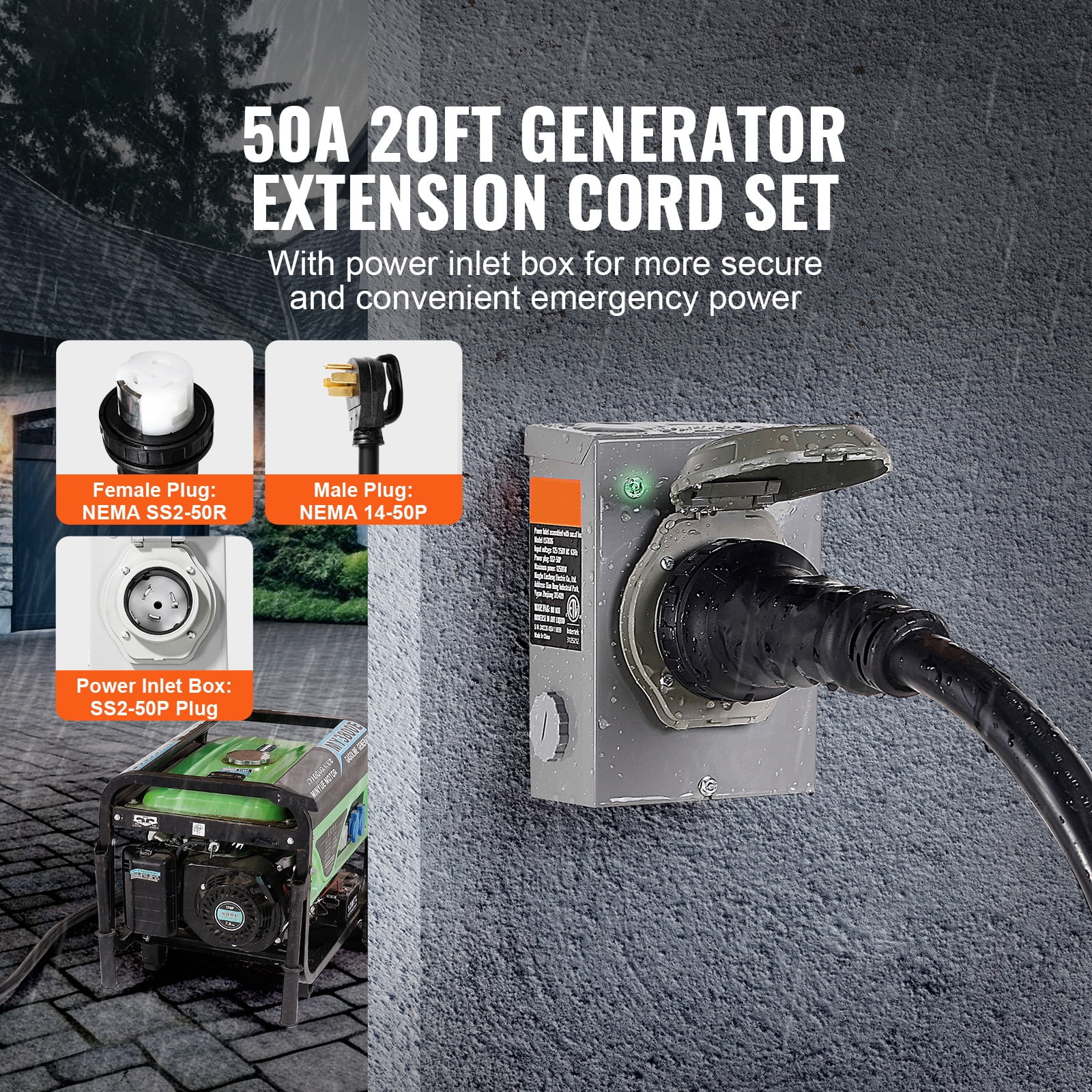 SKYSHALOGenerator Cord with Inlet Box, 20FT 50 Amp, RV Extension Cord NEMA 14-50P/SS2-50R, 6/3+8/1 AWG, Twist Lock Generator Cord with Inlet Box, Pre-Drilled Power Inlet Box, ETL Certified