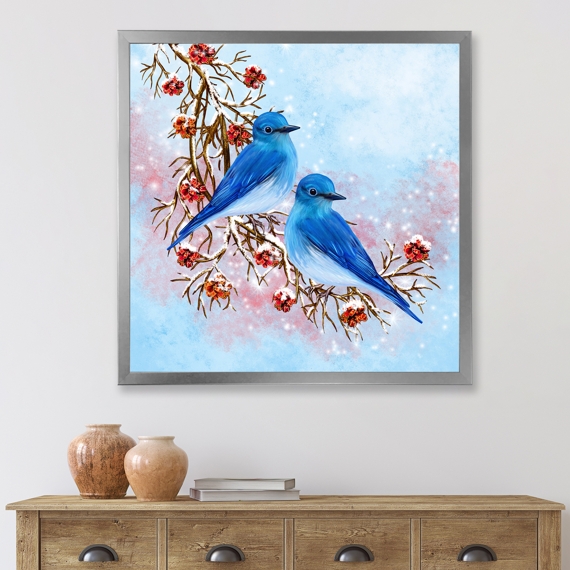 Designart 'Two Blue Birds Sitting On A Branch With Berries In Winter' Traditional Framed Art Print