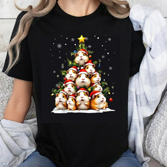 100% Cotton Christmas Tree Guinea Pig Holiday Cute Animal Xmas Tree Design T-Shirt For Women And Men Festive Gift Wear