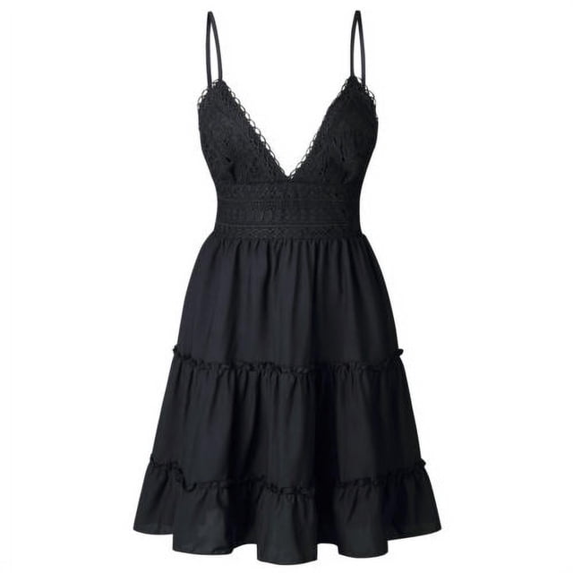 Robe d'Été de Plage pour Femmes Bretelles Spaghetti Sans Manches Col en V Dos Nu Dentelle Patchwork Mini Robe