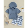 thumbnail image 2 of Suealasg Kids Boys Summer Outfits 6M 1T 2T 3T Toddler Boys Solid Color Hooded Short Sleeve T-Shirts Tops and Checkerboard Elastic Waist Shorts 2Pcs Causal Clothing for Baby Boys, 2 of 9