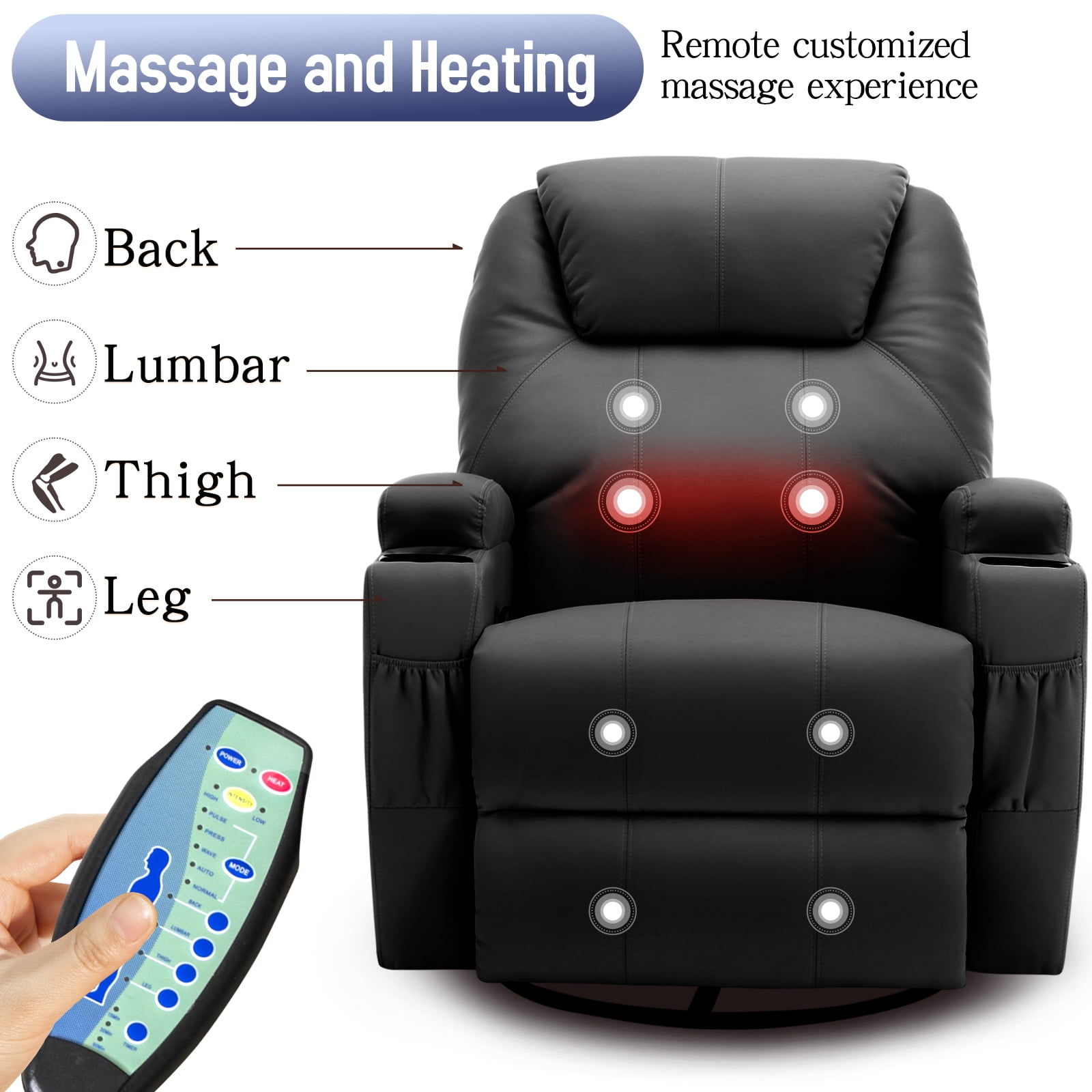 Korser Swivel Rocker Recliner Chair with Massage Faux Leather for Living Room,Black