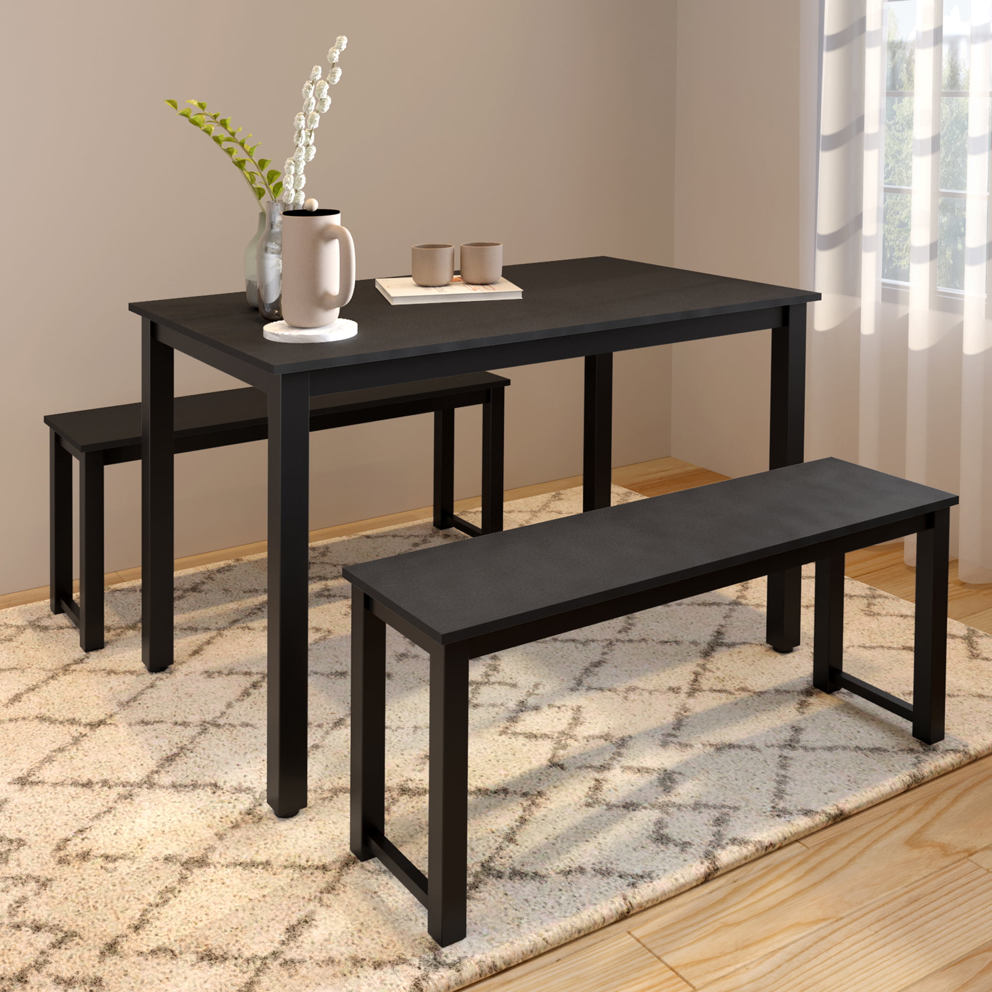 Kitchen Dining Table Set With 2 Benches, Black Kitchen Table And Chairs Bench