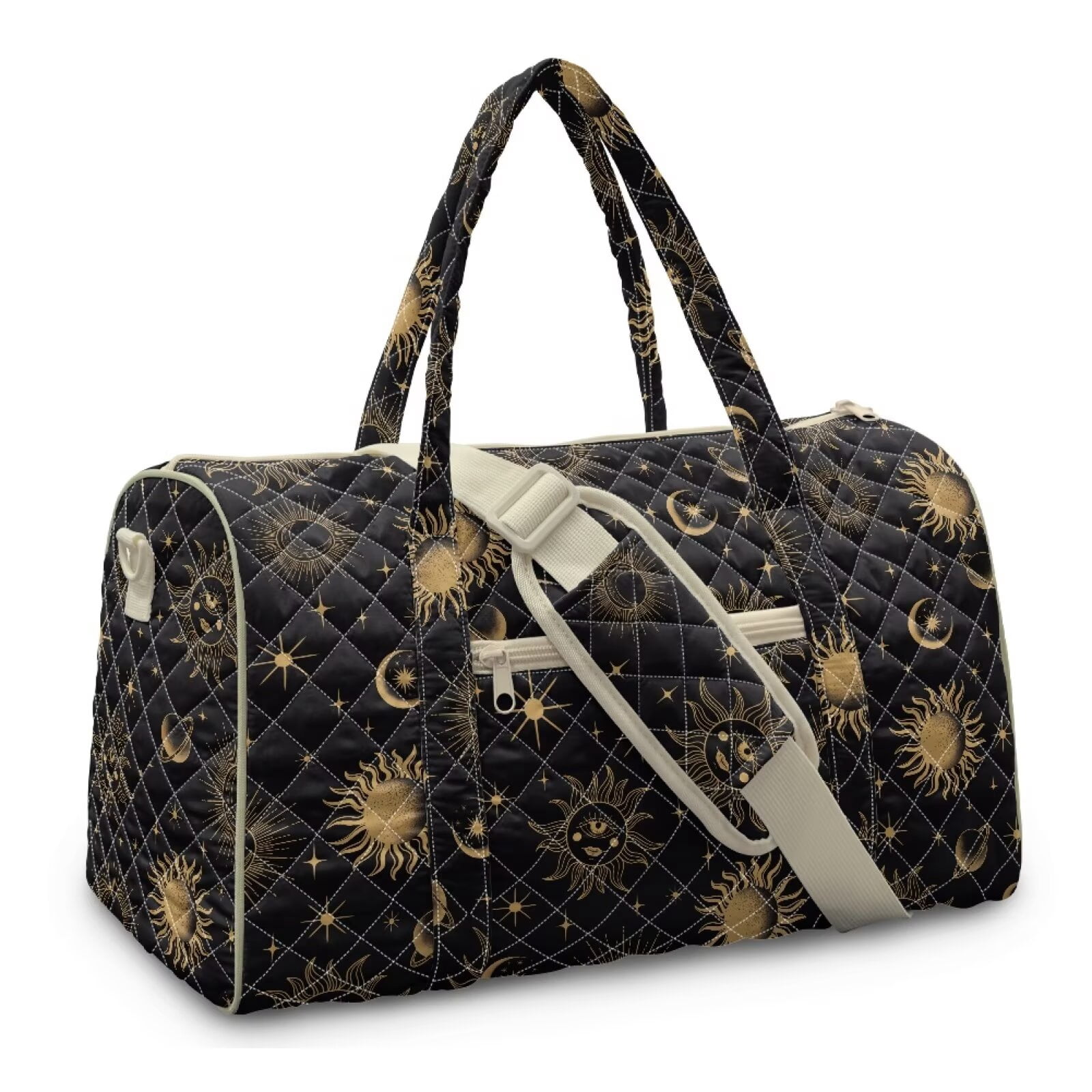 Garronmavis Black Gold Sun Moon Print Large Quilted Duffle Bag for Women, Weekender Travel Bag Carry On Overnight Bag, Cute Gym Dance Tote with Zipper Pockets