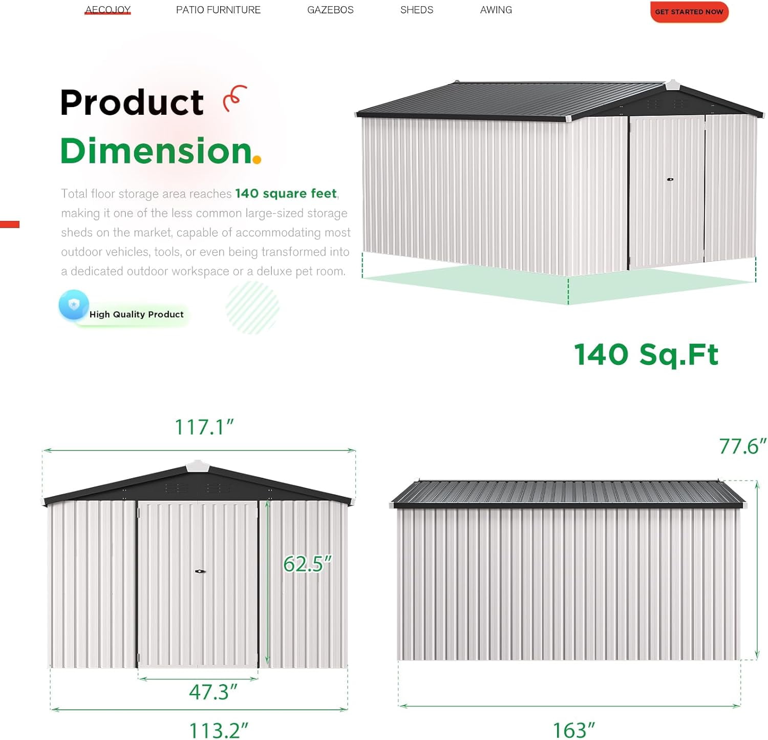 YODOLLA 10' x 14' Outdoor Storage Shed with Lockable Door Patio Metal Garden Storage Building in White for Outside