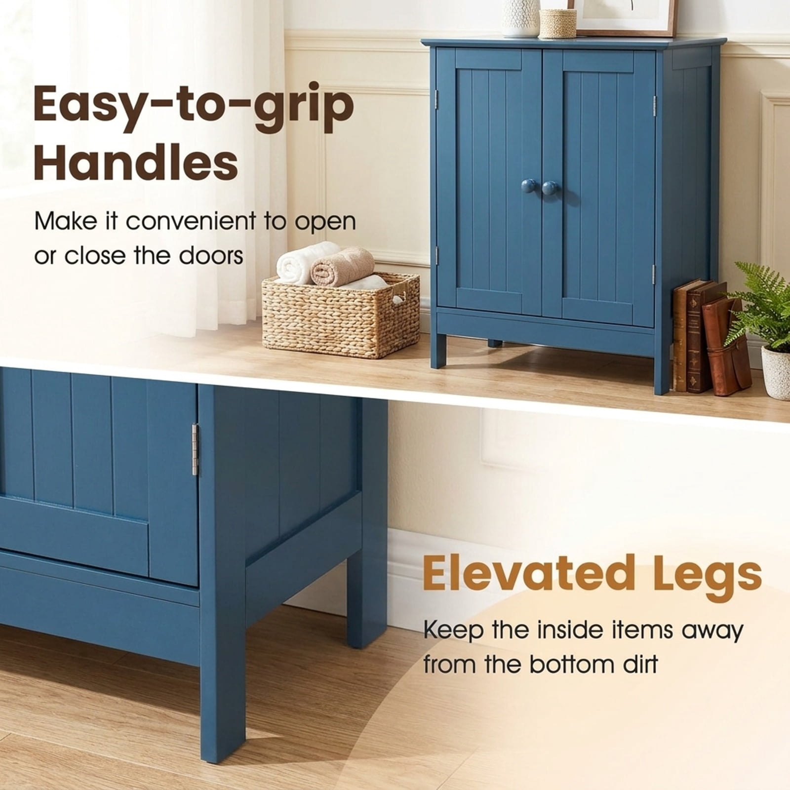 Vebreda Bathroom Storage Cabinet with 2 Doors and 3-Level Adjustable Shelf, 24 in Freestanding Storage Cabinet with Anti-Tip Kit, Blue