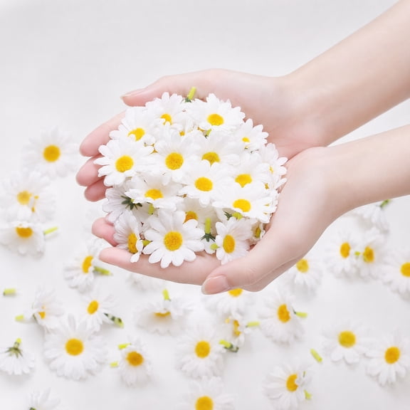 200PCS 1.5" Fabric Daisy Flower Heads: Bulk Artificial Silk White Daisies, Spring Mini Fake Flowers for DIY Crafts, Wedding Decor