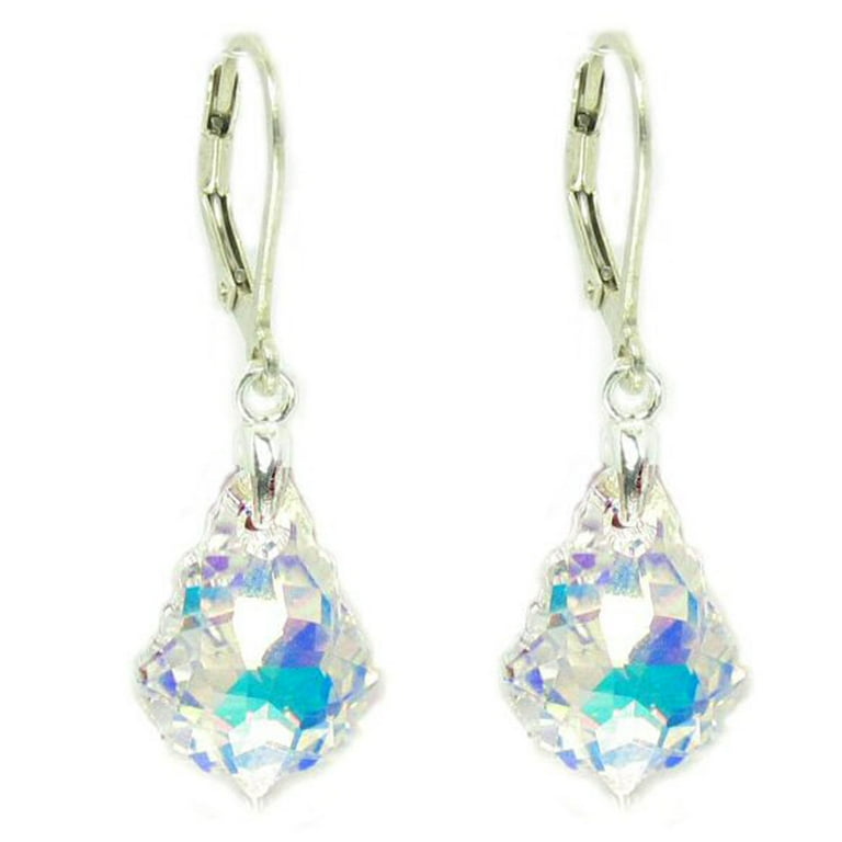 Clear Aurora Borealis Swarovski Elements Crystal Sterling Silver Leverback Dangle Earrings