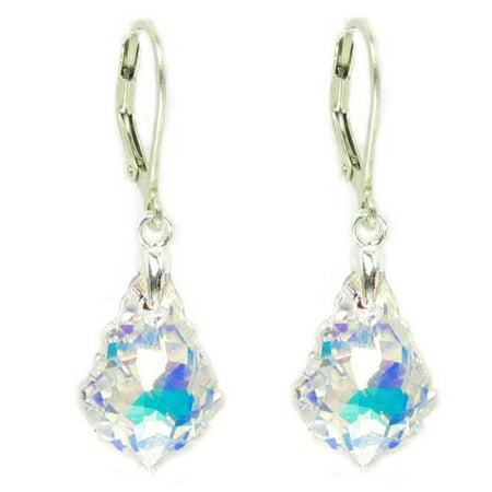 Clear Swarovski Crystal Earrings Clear Aurora Borealis Swarovski Elements Crystal Sterling Silver Leverback Dangle Earrings ()