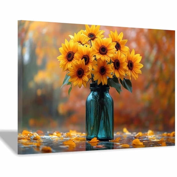 Mudket Autumn Sunflower in Teal Vase Canvas Wall Art, Floral Wall Decor, Framed Ready to Hang Botanical Artwork for Living Room Kitchen Farmhouse - 12"L x 8"W