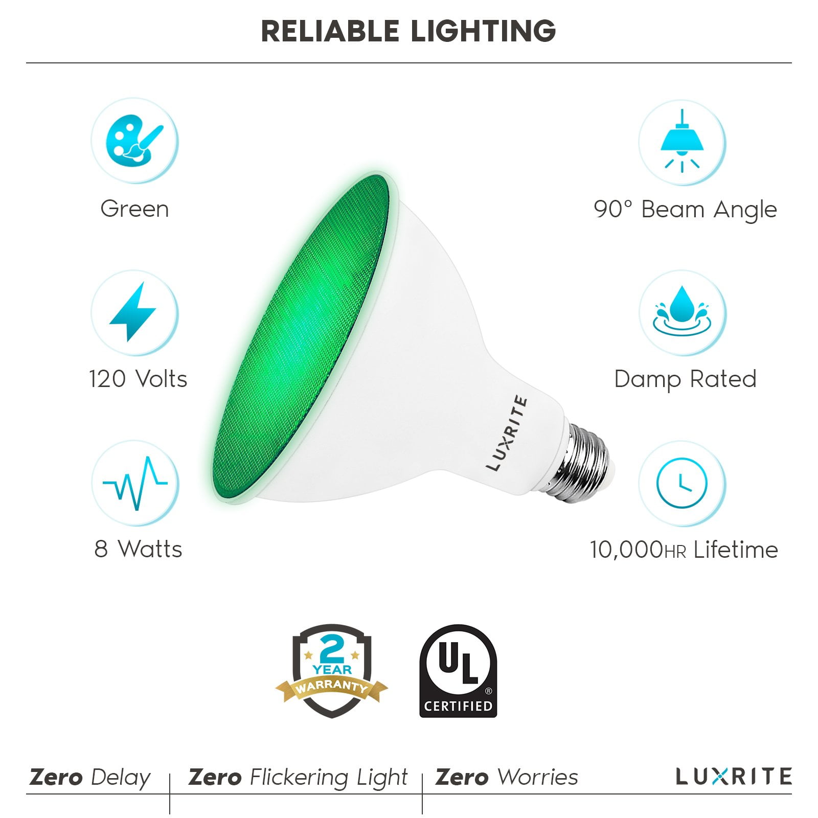 Luxrite LED PAR38 Flood Green Light Bulb, 8W=45W, Damp Rated, UL Listed, E26 Base, Indoor Outdoor, Decoration 2 Pack