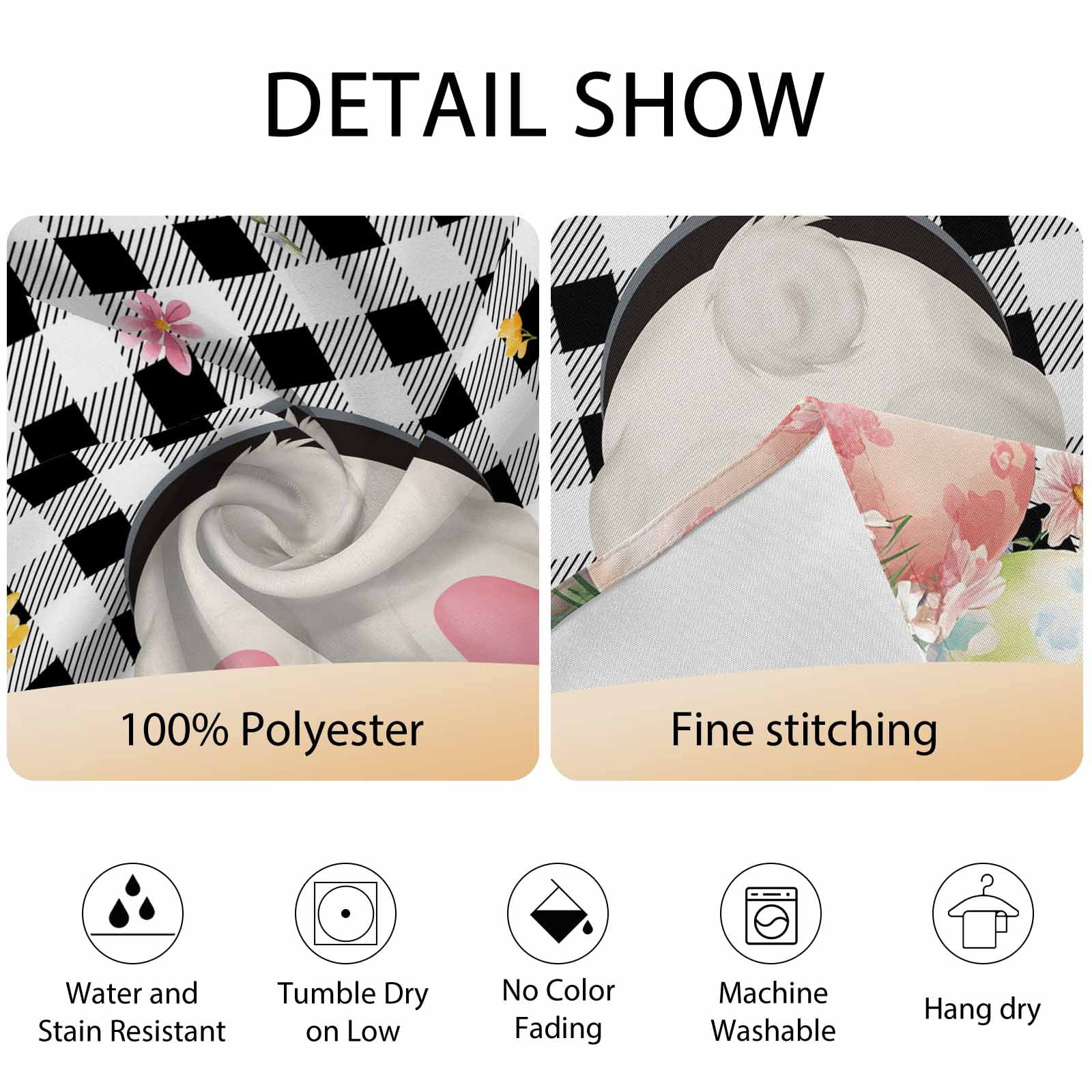 Round Tablecloth Easter Bunny Tail Waterproof Oil Proof Polyester Table Cloth Cover Decor for Home Dining Outdoor,Patio,Parties, 54" Dia. Color Eggs Spring Flowers Black White Plaid