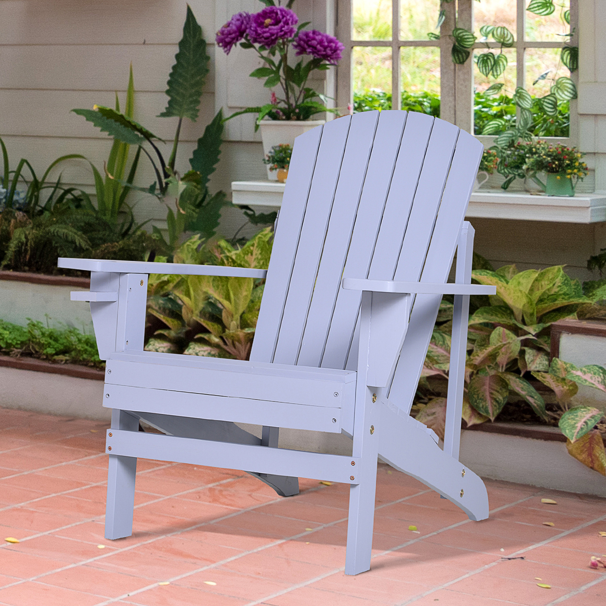 Outsunny Wooden Adirondack Chair, Outdoor Patio Lawn Chair with Cup Holder, Weather Resistant Lawn Furniture, Classic Lounge for Deck, Garden, Backyard, Fire Pit, Gray - image 5 of 9