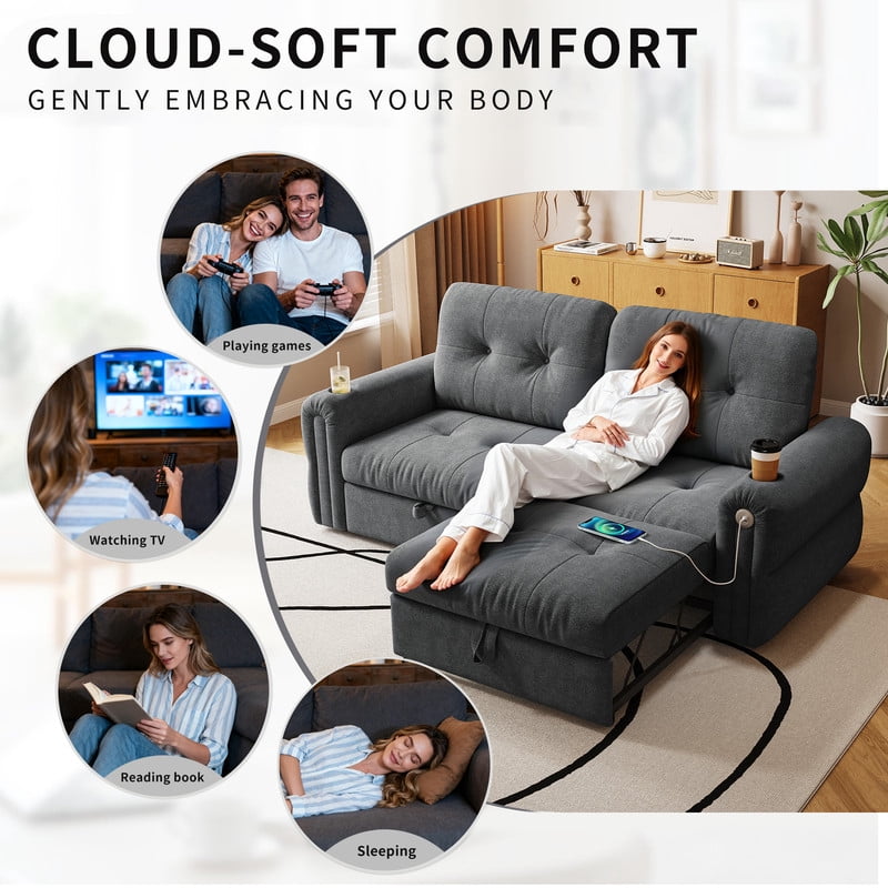 77" Convertible Sofa Bed – 2-in-1 Loveseat & Guest Bed, Chenille Fabric, 600lb Capacity