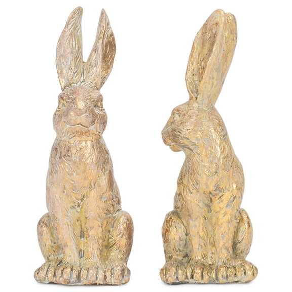 Sculpted Sitting Rabbit Gold Tone and Brown 4.75 Inches Resin Figurine Set of 2