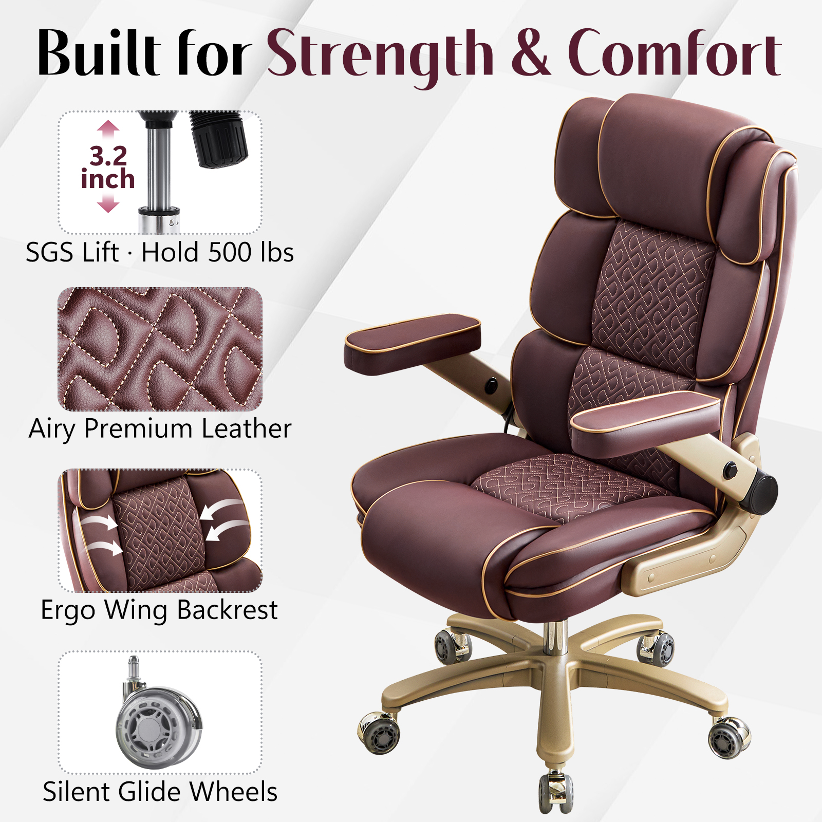 Falvinoryn Big and Tall Office Chair 500LBS, Ergonomic High Back Executive Office Chair, Adjustable Lumbar Support, Flip Arms, Locking Wheels Large Computer Desk Chair, Brown