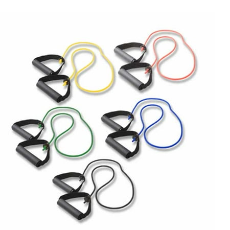 - Cando Resistance Band Exercise Tubing w/ Handles - Yellow, Black (Set) - 48in. 5 Fitness Cords Included