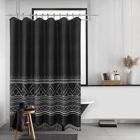 Boho Shower Curtain Set Rings Black, Black Shower Curtain Bathroom Ideas
