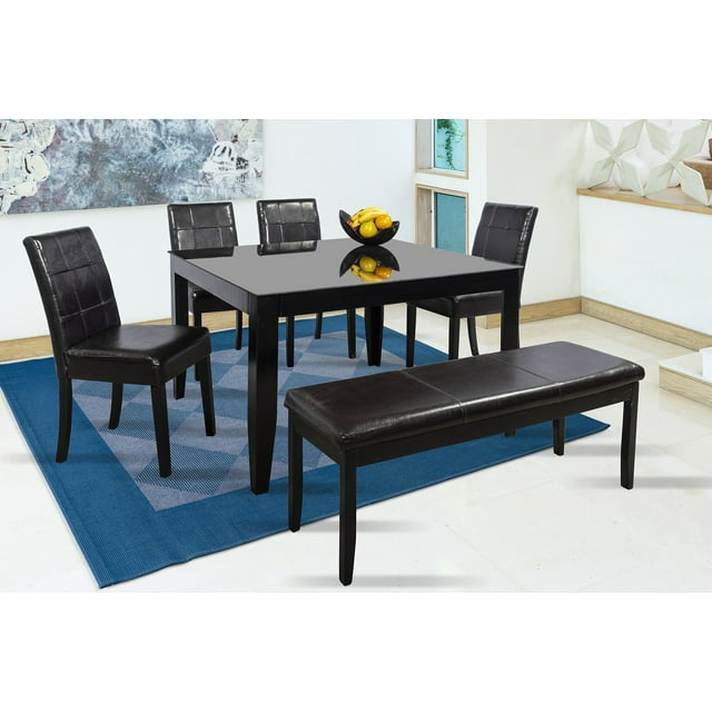 Comedor Angy Tagore MOBILKRAFT 4 Sillas y Banca Madera Cubierta de Cristal Estilo Clasico Negro