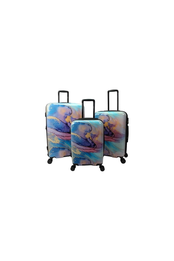Elegant Escape Wave Marble 3-Piece Expandable Spinner Luggage Set - Polycarbonate Shell, 2-Inch Expandable, 8 Spinner Wheels, 3-Digit Combination Lock, Fully Lined Interior