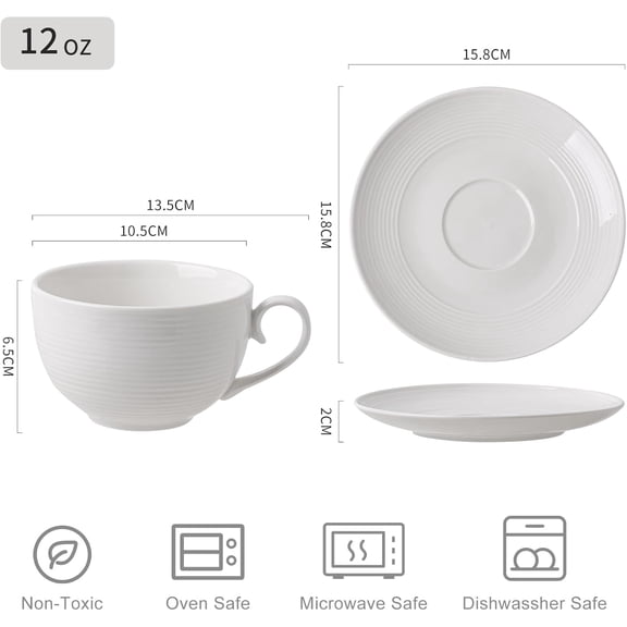 4pcs White Coffee Cups with Saucers, 10oz Ceramic Cappuccino Cups, Microwave & Dishwasher Safe, for Home, Cafe
