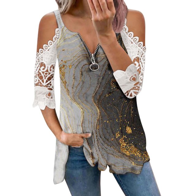 Elegante mujer casual cremallera cuello impresión blusa encaje manga corta camiseta verano Tops OAVQHLG3B Store lin121212