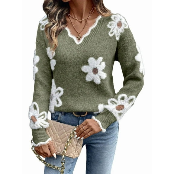 Female Oversized V Neck Fuzzy Sweaters Casual Loose Long Sleeve Chunky Knit Pullover Jumper Tops Army Green M