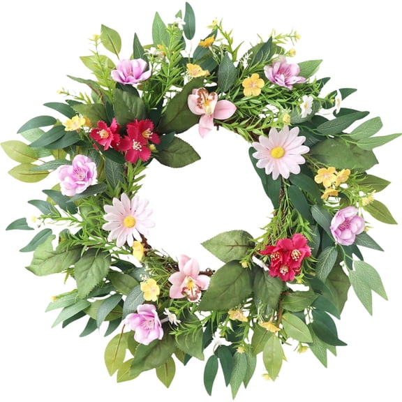 Aurgiarme Artificial Flower Wreath Front Door Wreath Spring Hanging Decoration Wall Mounted Ornament Silk Flower for Entryway