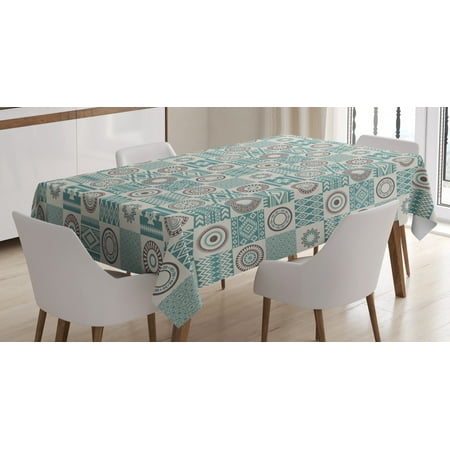 

Afghan Tablecloth Checkered Squares with Ethnic Motifs Rhombuses Circles and Stripes Rectangular Table Cover for Dining Room Kitchen 52 X 70 Inches Ivory Brown and Slate Blue by Ambesonne