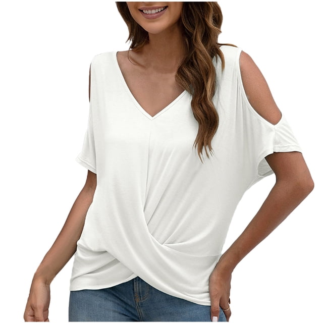 Blusa Casaul de manga corta sólida sin tirantes con cuello en V de verano para mujer a la moda Fridja ghk5261
