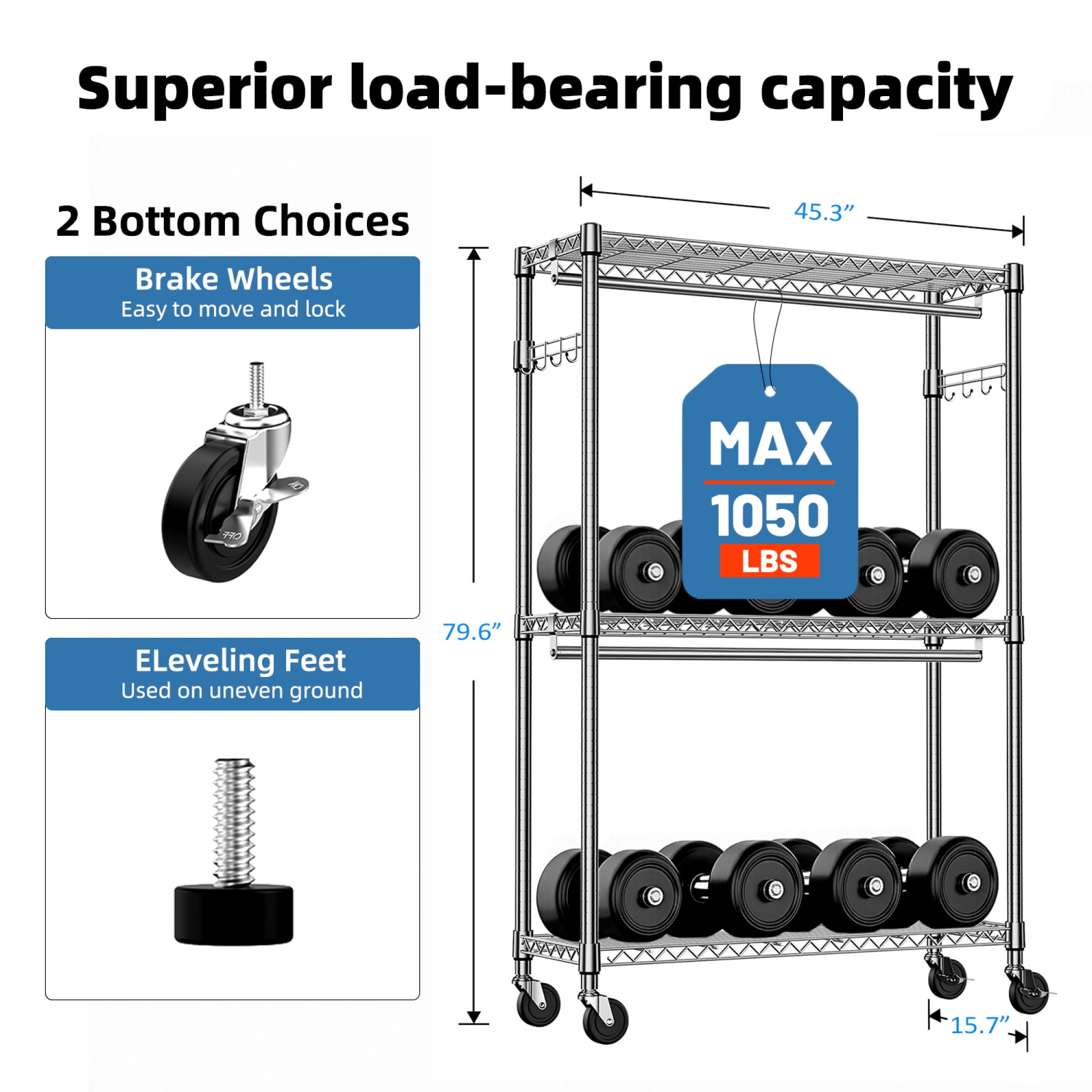 Leumius 3 Tiers Heavy Duty Rolling Garment Rack, Adjustable Wire Shelving Clothes Rack with 2 Rods and Side Hooks,Storage Closet Clothing Rack with Wheels for Laundry Room Bedroom Cloakroom Chrome