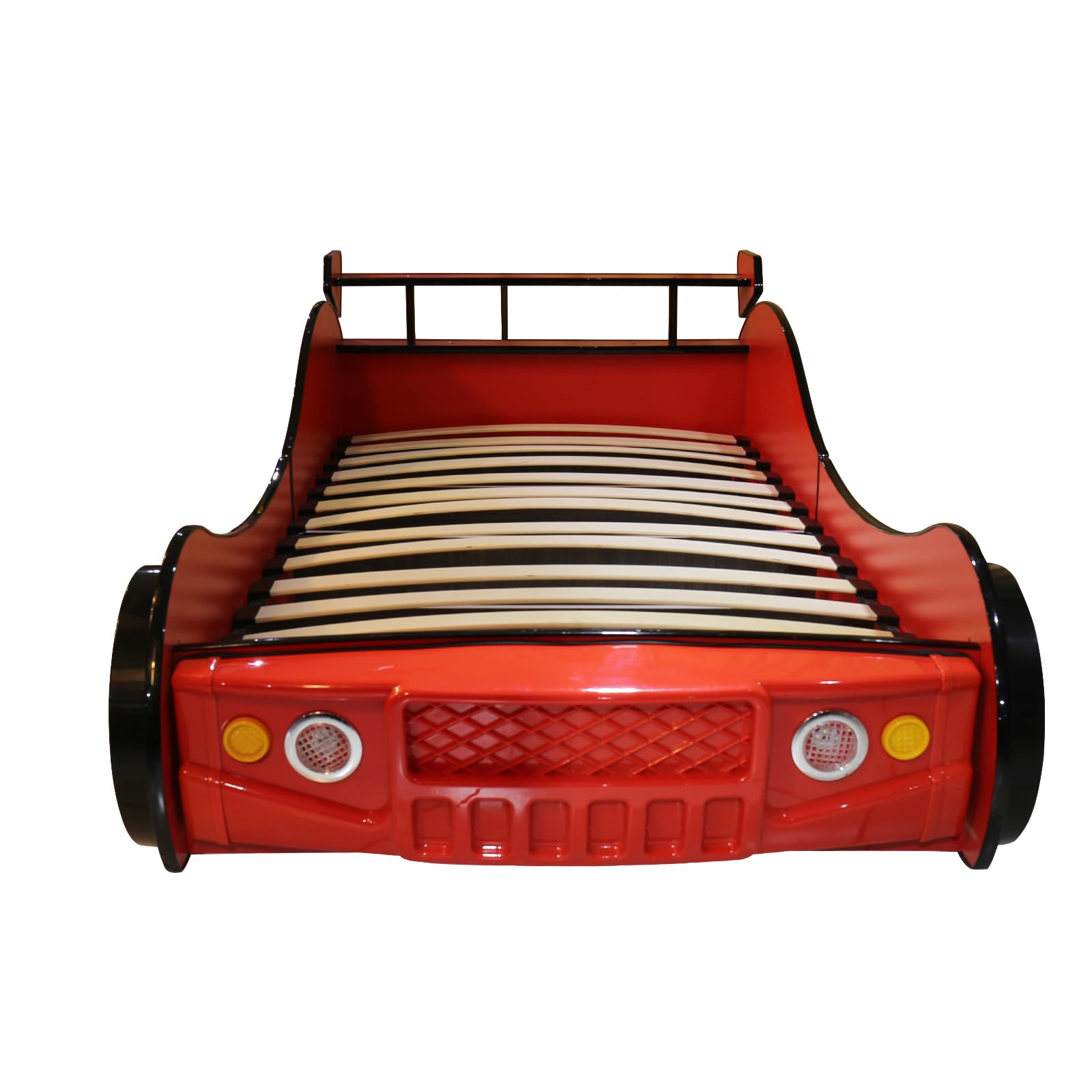 Twin Size Race Car Bed for Kids - Red Wooden Platform Frame with LED Lights, Wheels & Slat Support ,No Box Spring Needed