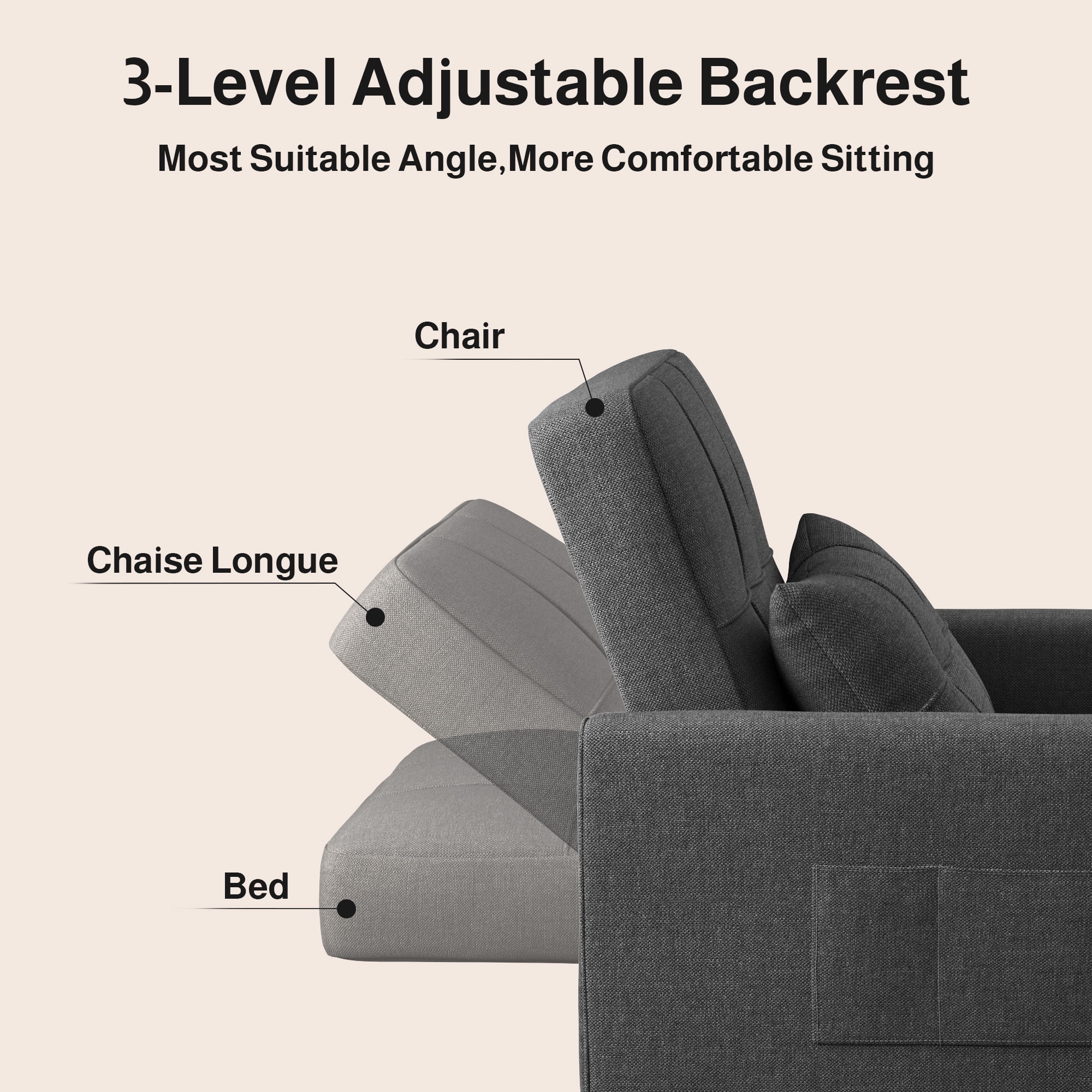 Sleeper Sofa with Adjustable Backrest and Pillow, Lofka Sofa Bed Couch for Living Room|Small Apartment, Dark Gray