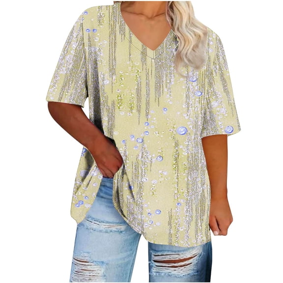 Qiopertar Plus Size V-Neck T-Shirts for Women Casual Summer Short Sleeve Solid Color Printing Basic Comfy Loose Fit Tops, Yellow 3XL