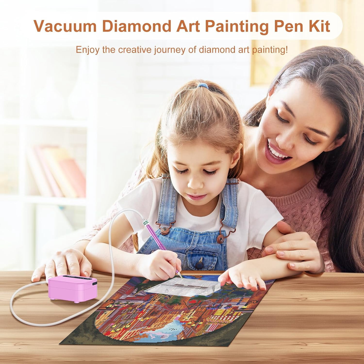 Diamond Art Painting Pen, 1500mAh Rechargebale Vacuum Diamond Art Pen Kits for Adults with USB Charge, Electric Diamond Art Accessories Tools with Storage Tray, 3 Mode Suction and Low Noise (Pink)