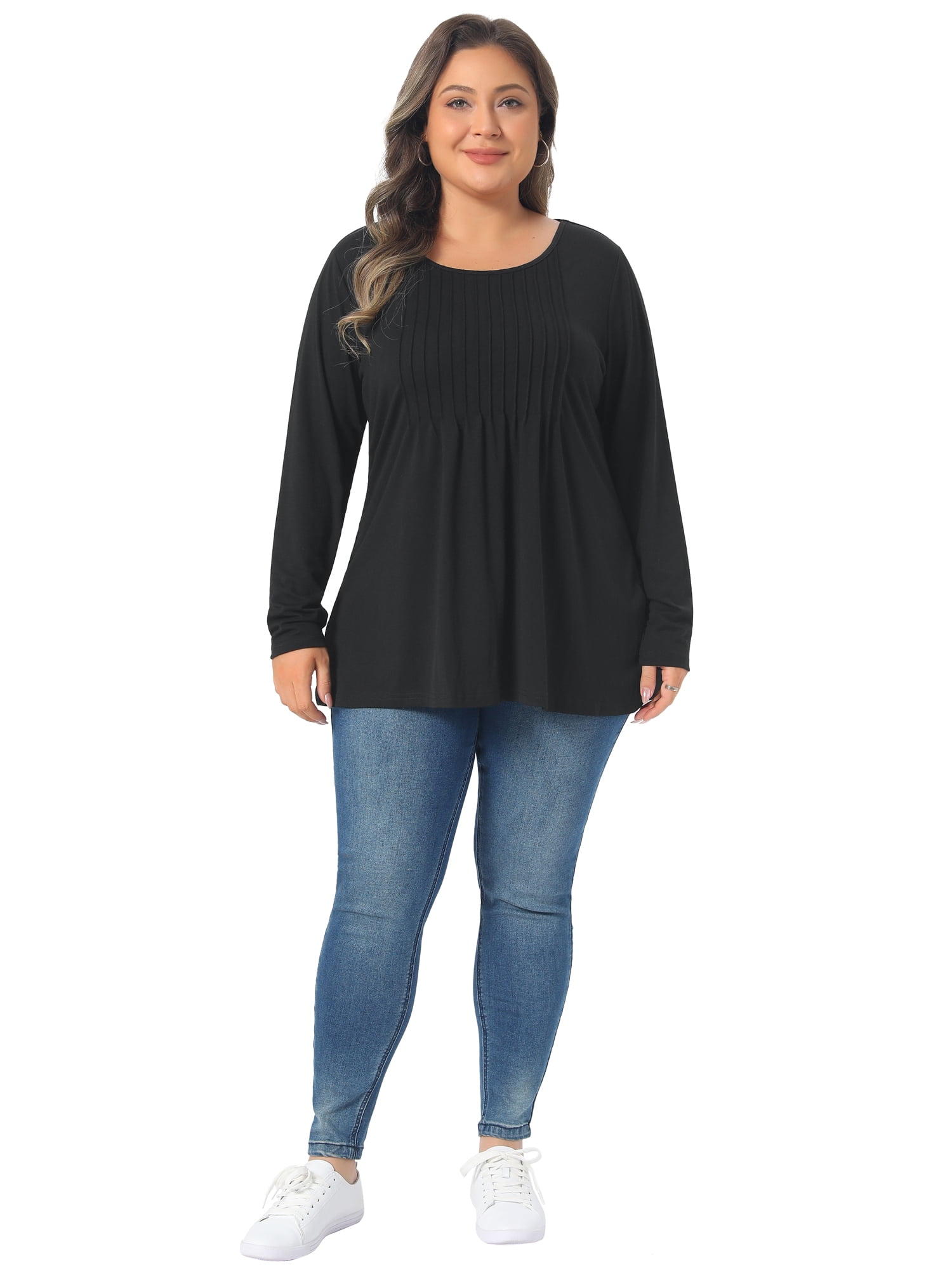 DARING DIVA Women's Plus Pleated Blouses Crew Neck Soft T-Shirt 4X Black