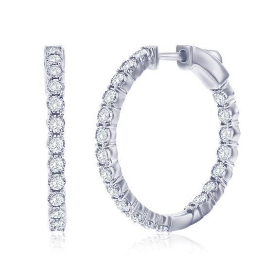 Beaux Bijoux Sterling Silver Inside-Outside 1.07cttw Lab-Grown Diamond Earrings - Fine 25mm Hoop Earrings for Women