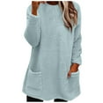 thumbnail image 7 of LEAVINGSUO Blouses for Women 2023 Womens Plus Size $5 Women's Round- Neck and Winter Loose Solid Pocket Warm Long Sleeve Blouse Tops Light Blue M, 7 of 7