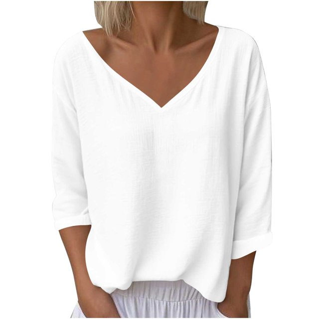 Vestidos Casuales Para Mujer, Blusas De Mujer De Moda Camiseta informal de lino liso con cuello en V para mujer, manga larga y cuello redondo, holgada