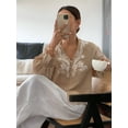 thumbnail image 4 of Women'S Embroidered Linen Shirts Button Up Sleeve V Neck Boho Blouse  XL, 4 of 8