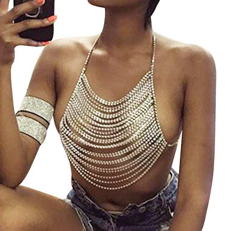 Anvazise Women Rhinestone Inlaid Multi Layer Bra Crop Top Body Chest Chain  Jewelry Golden One Size 