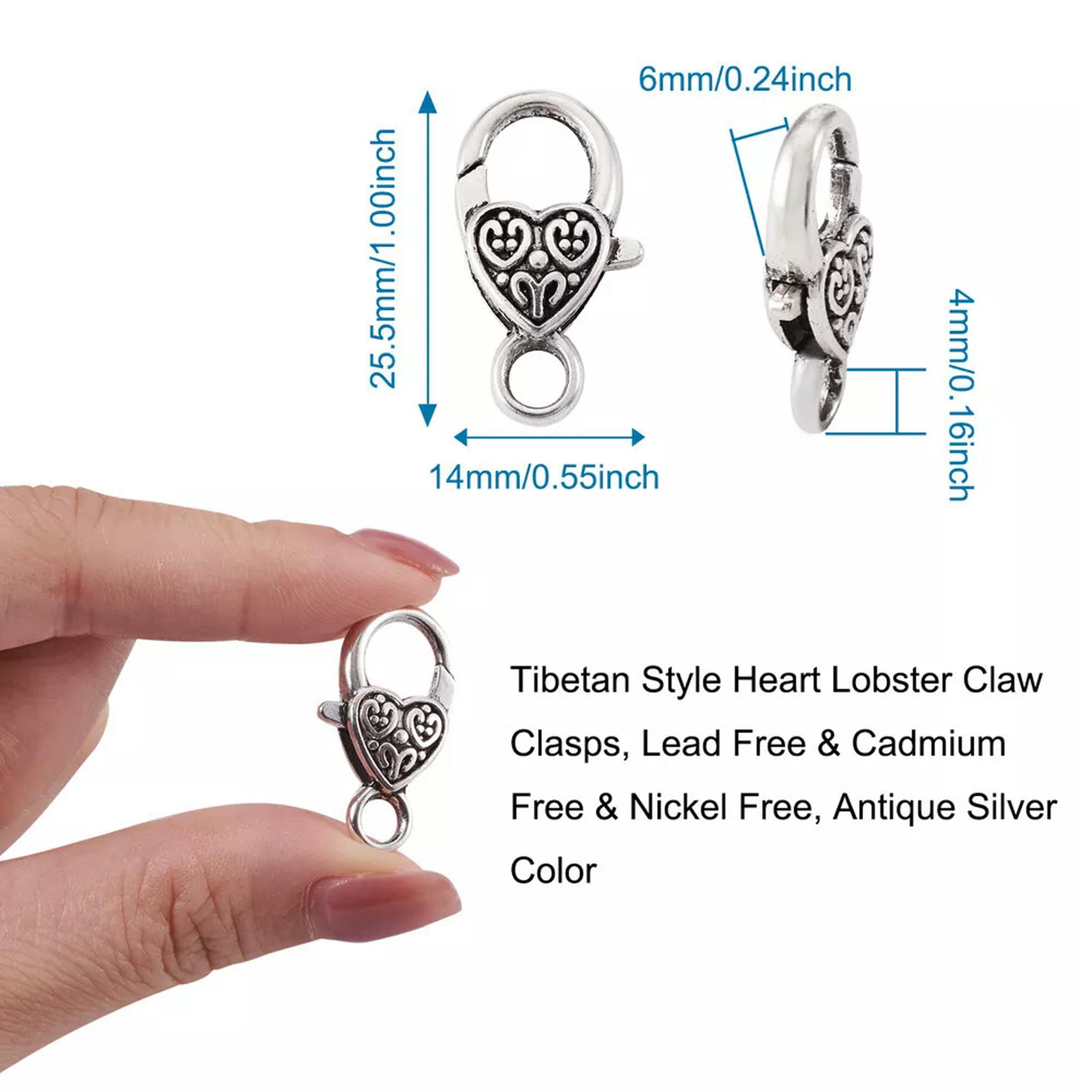 U8MO 50pcs Tibetan Alloy Heart Lobster Claw Clasps Nickel Free Trigger Closure 25.5mm