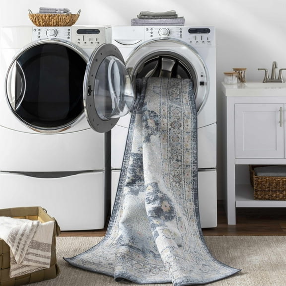 BoutiqueRugs Jara Traditional Area Rug - Machine Washable - Charcoal, Medium Gray, Navy - 6'7" Round