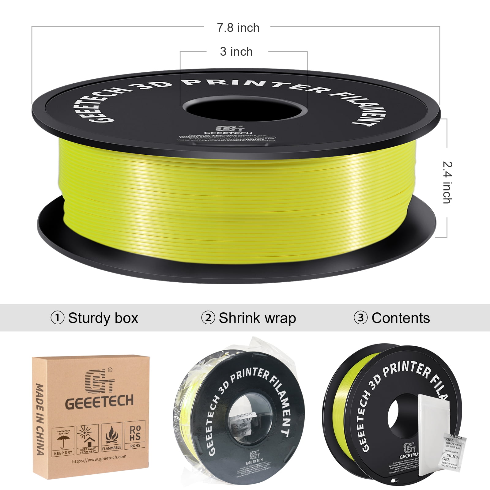 Geeetech Silk Yellow 3D Printer PLA Filament 1KG Toughness Enhanced Filament with 1.75mm Dimensional Accuracy +/-0.03mm, 1080 Feet per Roll, Vacuum Packaging