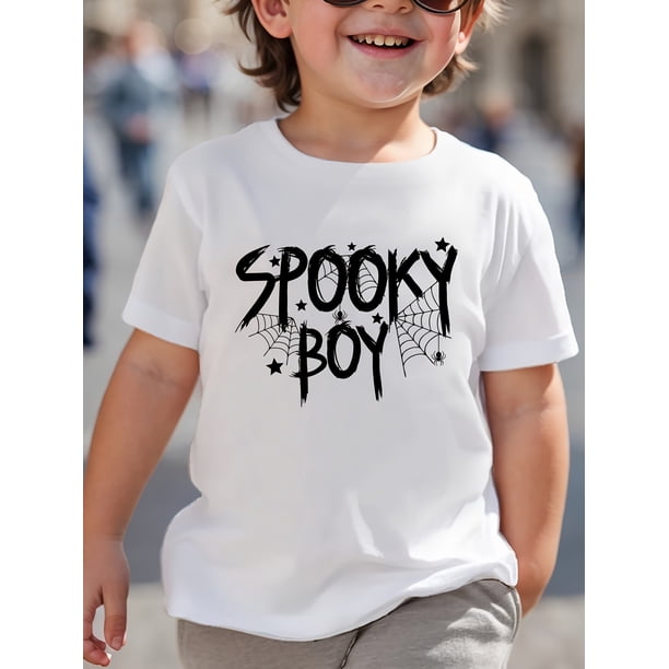 Halloween T-shirt - Boys' Halloween "Spooky Boy" Letter Print Short Sleeve T-Shirt, Casual Cotton Knit, Regular Fit, Round Neck, Summer Top for Kids