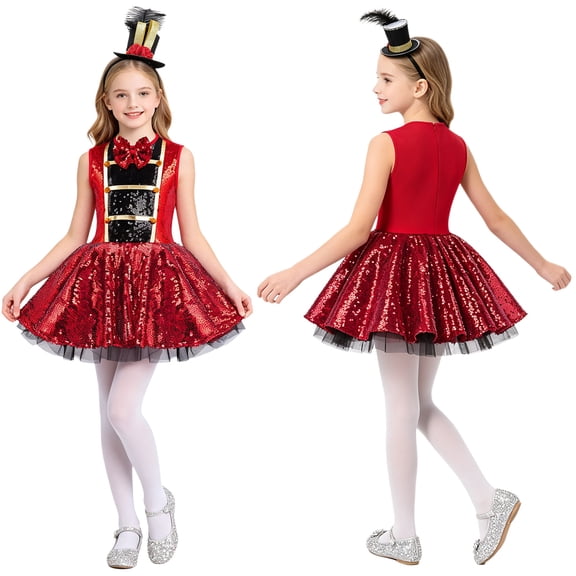 iiniim Girls Circus Ringmaster Outfits Halloween Sequin Tutu Leotard Dancewear for Kids Dress-Up Red 8