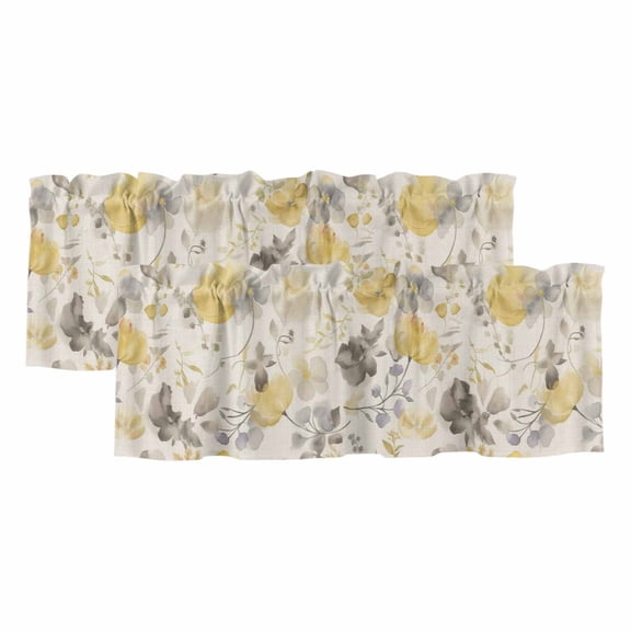 Yellow Grey Botanical Valances for Windows, Spring Floral Watercolor Rustic Light Filtering Kitchen Curtains, Rod Pocket Window Valance Curtains for Living Room Bedroom, 54" W x 18" L, 2 Panels
