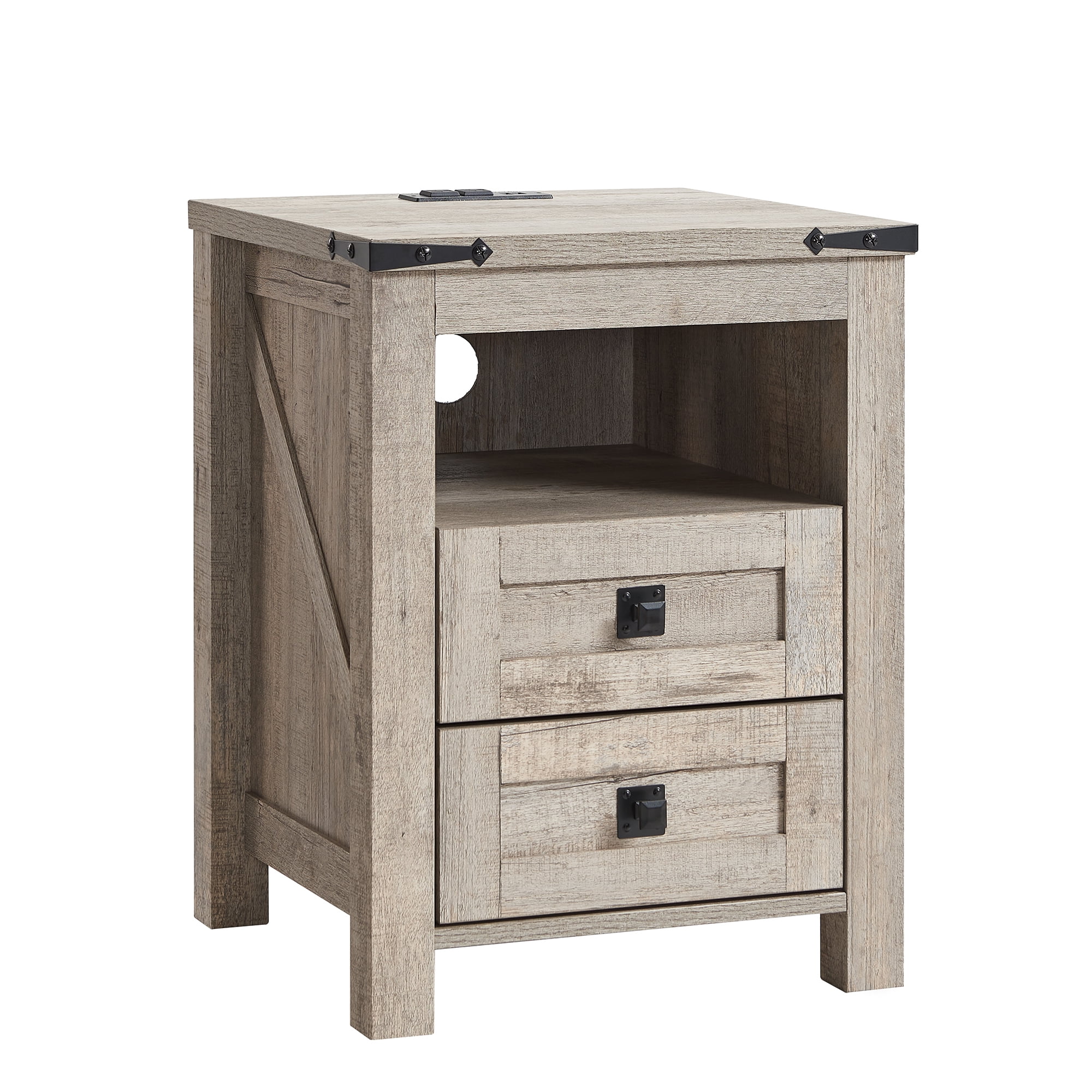 OKD Farmhouse Nightstand with Charging Station for Bedroom, 2-Drawer Rustic End Tables for Living Room, Light Rustic Oak