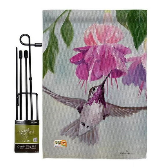 Breeze Decor BD-BI-GS-105047-IP-BO-D-US16-SB 13 x 18.5 in. Flight of Hummingbird Garden Friends Birds Impressions Decorative Vertical Double Sided Flag Set with Banner Pole